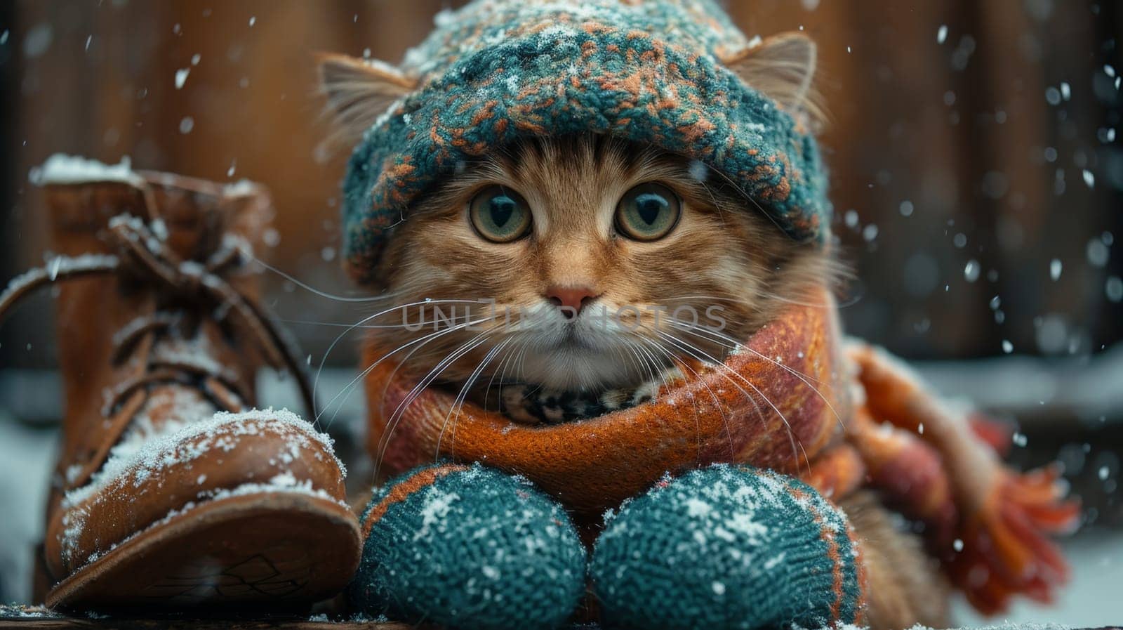 a cat in a winter hat and scarf in the afternoon in winter on the street near the owner's shoes.