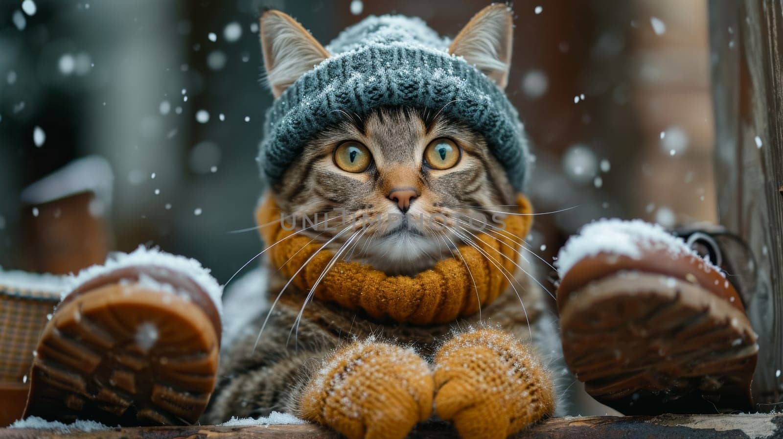 a cat in a winter hat and scarf in the afternoon in winter on the street near the owner's shoes.