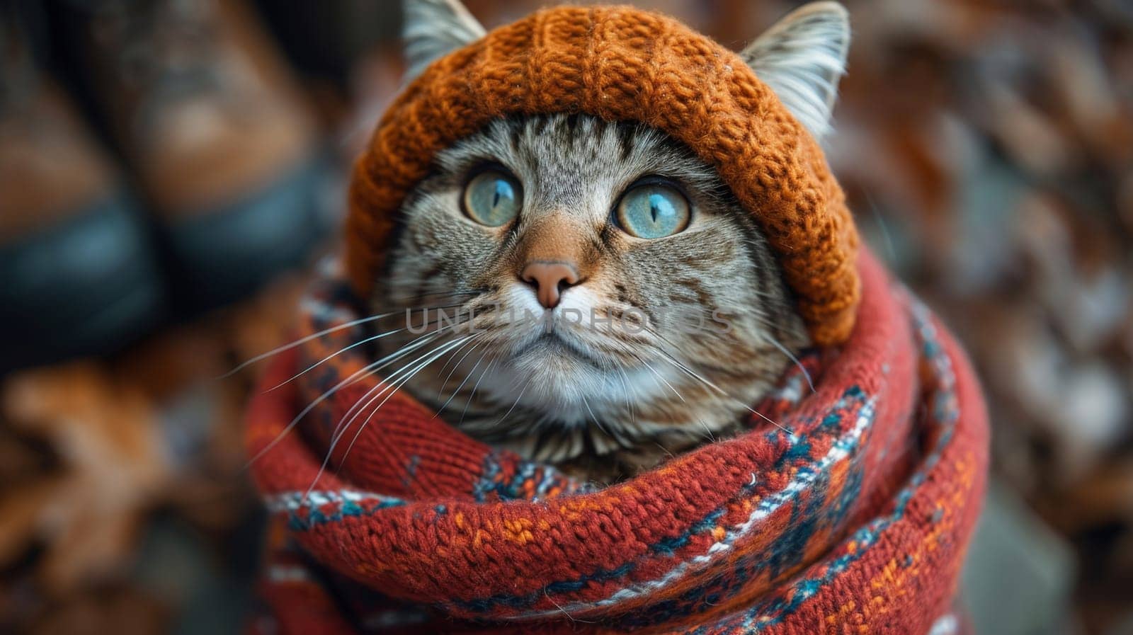 a cat in a winter hat and scarf on the street during the day in winter.