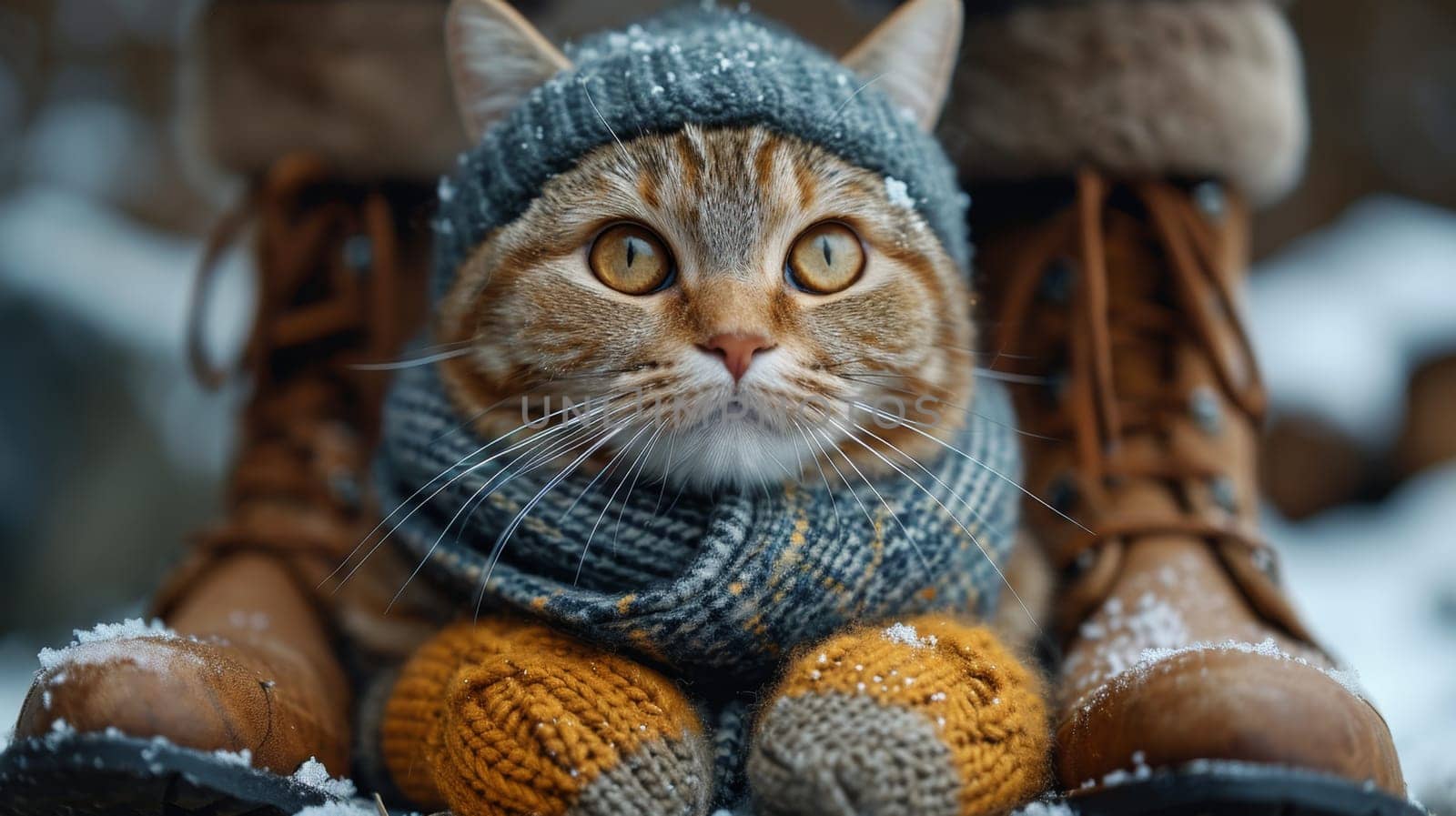 a cat in a winter hat and scarf in the afternoon in winter on the street near the owner's shoes.