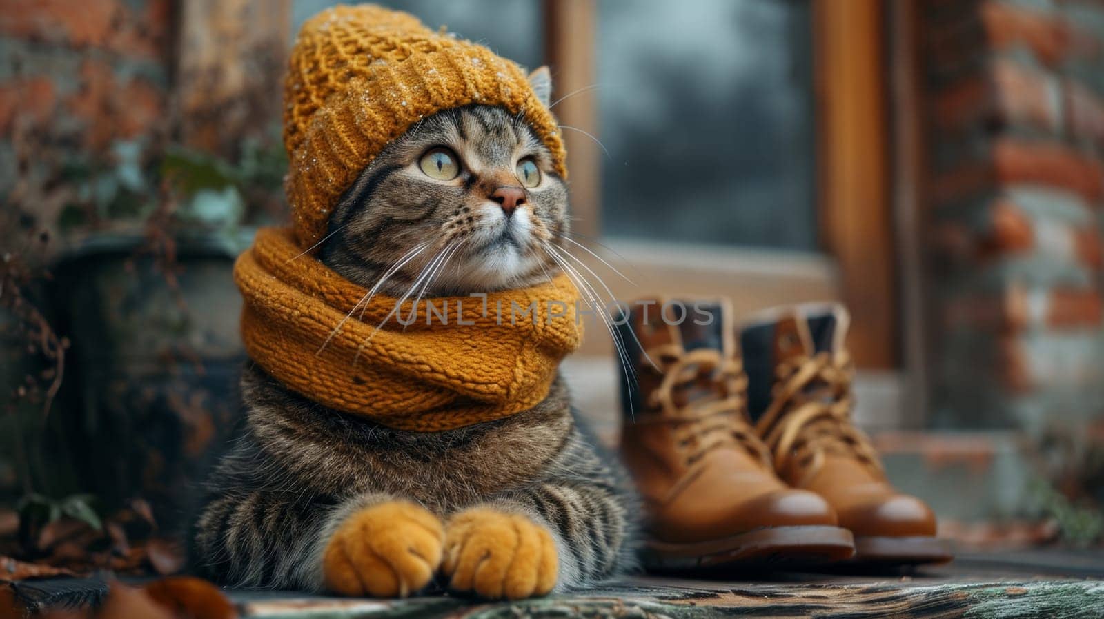 a cat in a winter hat and scarf in the afternoon in winter on the street near the owner's shoes.