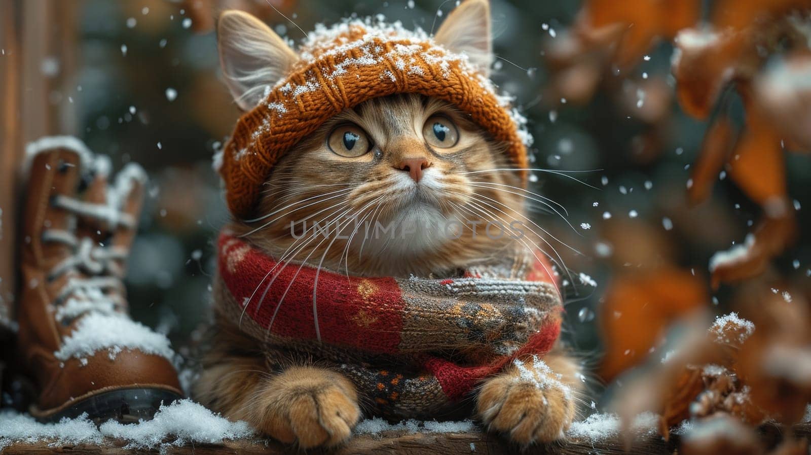 a cat in a winter hat and scarf on the street during the day in winter.