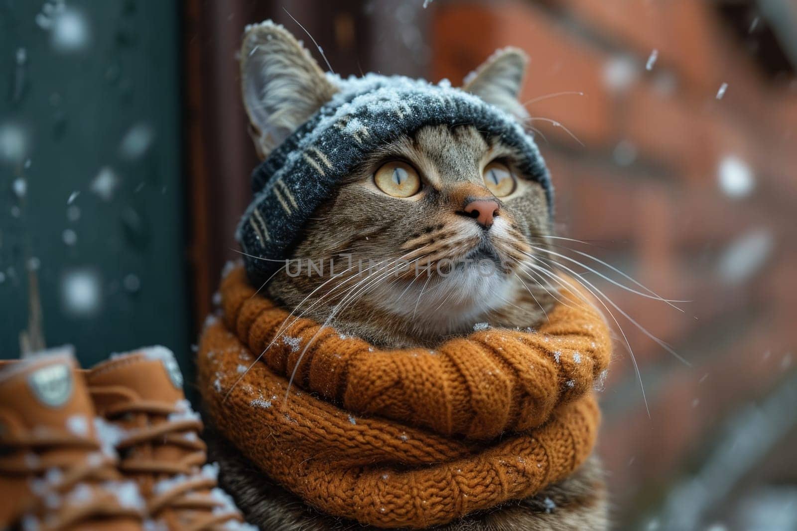 a cat in a winter hat and scarf on the street during the day in winter.