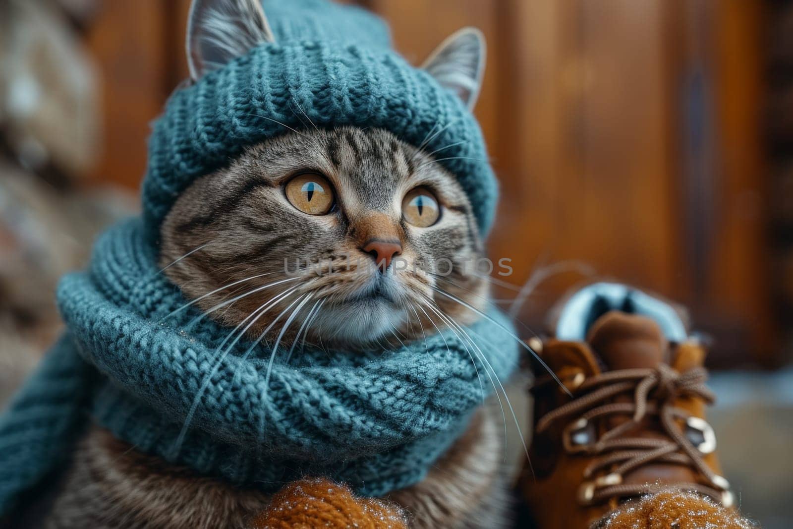 a cat in a winter hat and scarf on the street during the day in winter.