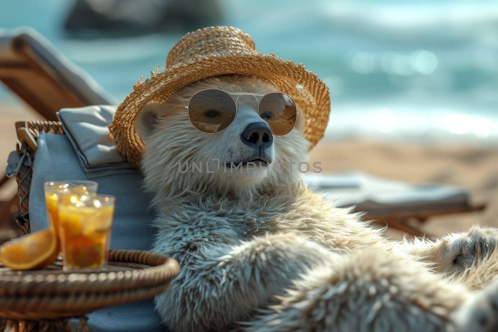 A polar bear in a hat and glasses is relaxing on the beach in a chaise longue drinking orange juice. 3d illustration by Lobachad
