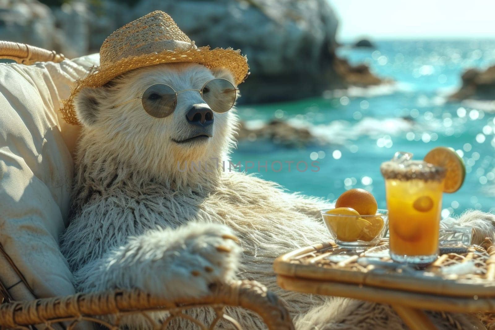 A polar bear in a hat and glasses is relaxing on the beach in a chaise longue drinking orange juice. 3d illustration.