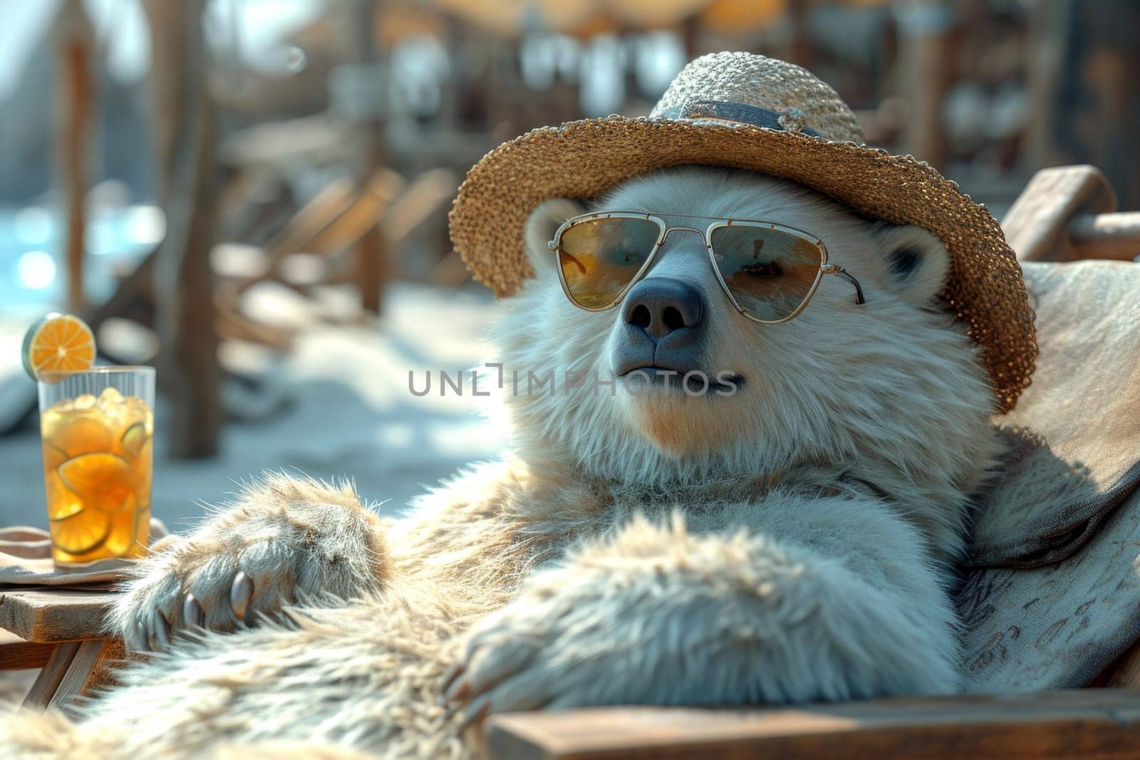 A polar bear in a hat and glasses is relaxing on the beach in a chaise longue drinking orange juice. 3d illustration.