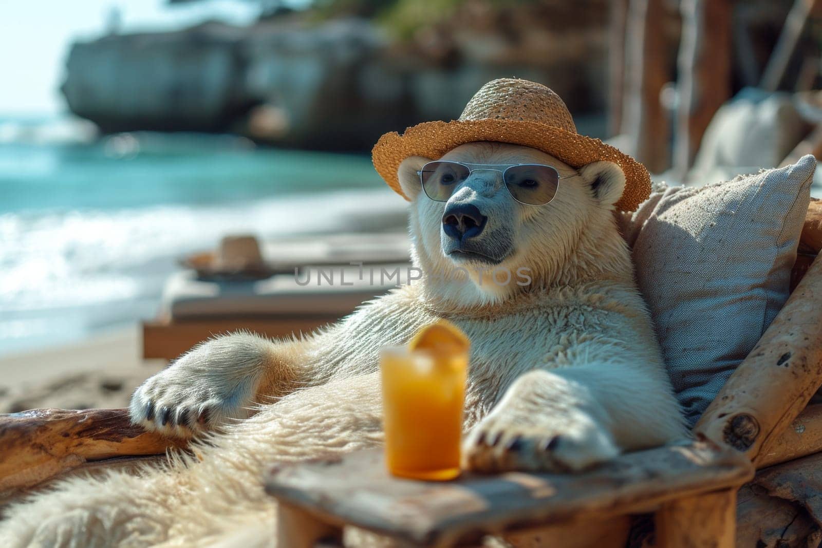 A polar bear in a hat and glasses is relaxing on the beach in a chaise longue drinking orange juice. 3d illustration by Lobachad