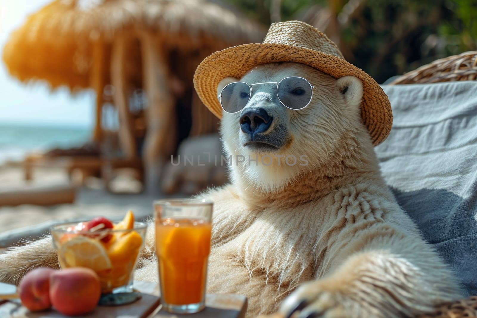 A polar bear in a hat and glasses is relaxing on the beach in a chaise longue drinking orange juice. 3d illustration.