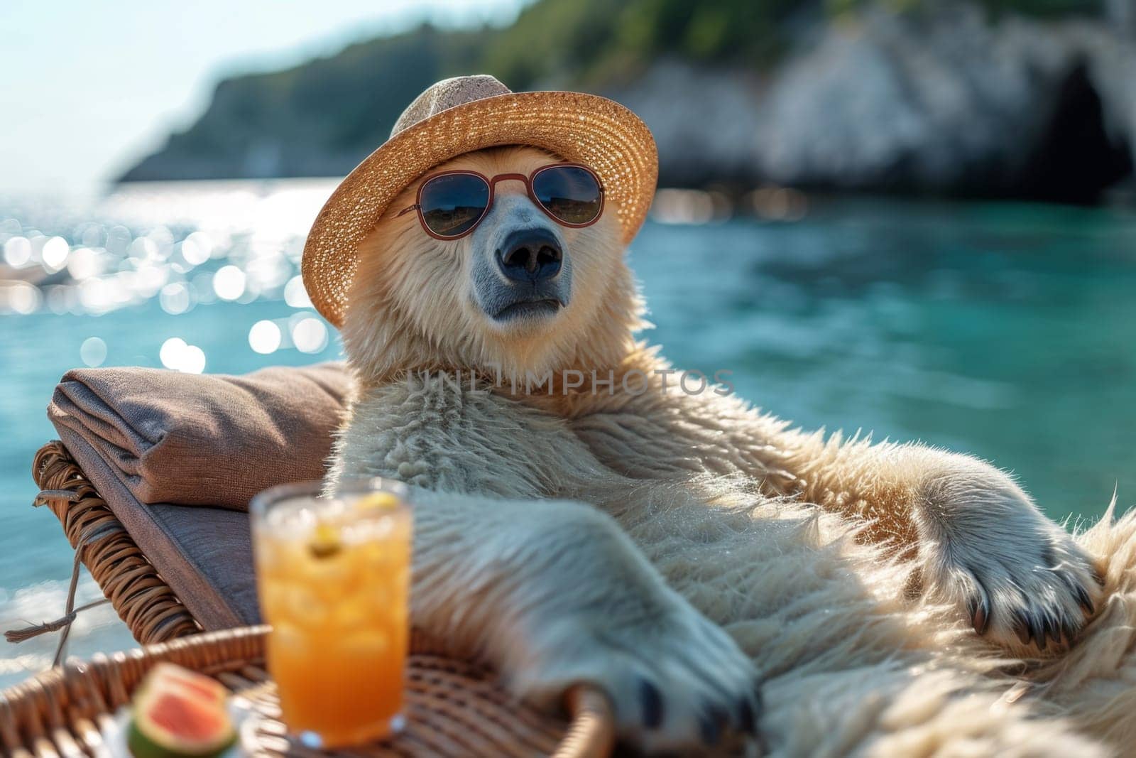 A polar bear in a hat and glasses is relaxing on the beach in a chaise longue drinking orange juice. 3d illustration by Lobachad