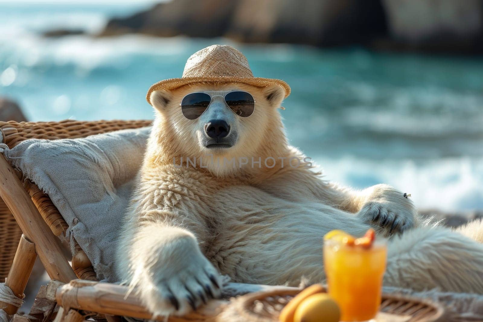A polar bear in a hat and glasses is relaxing on the beach in a chaise longue drinking orange juice. 3d illustration.