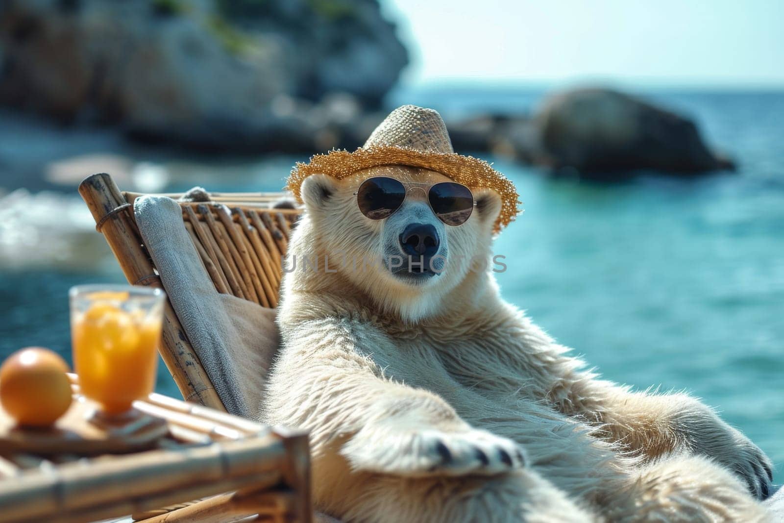 A polar bear in a hat and glasses is relaxing on the beach in a chaise longue drinking orange juice. 3d illustration by Lobachad