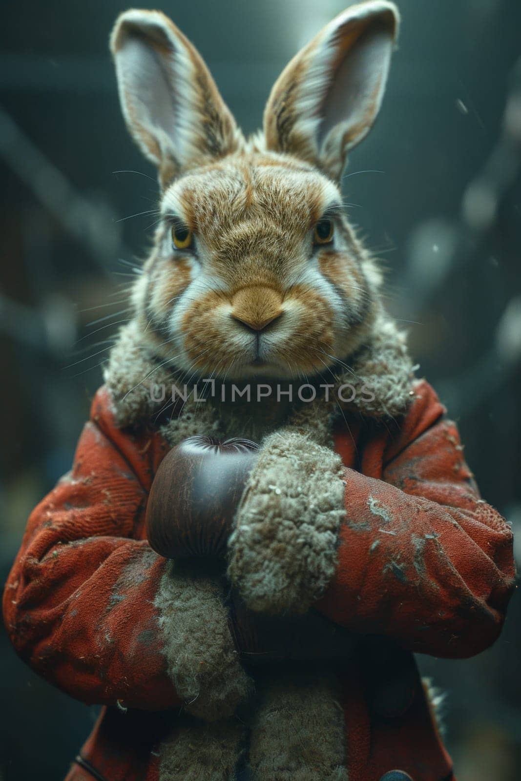 A cowardly rabbit in boxing gloves on the background of the ring. 3d illustration by Lobachad