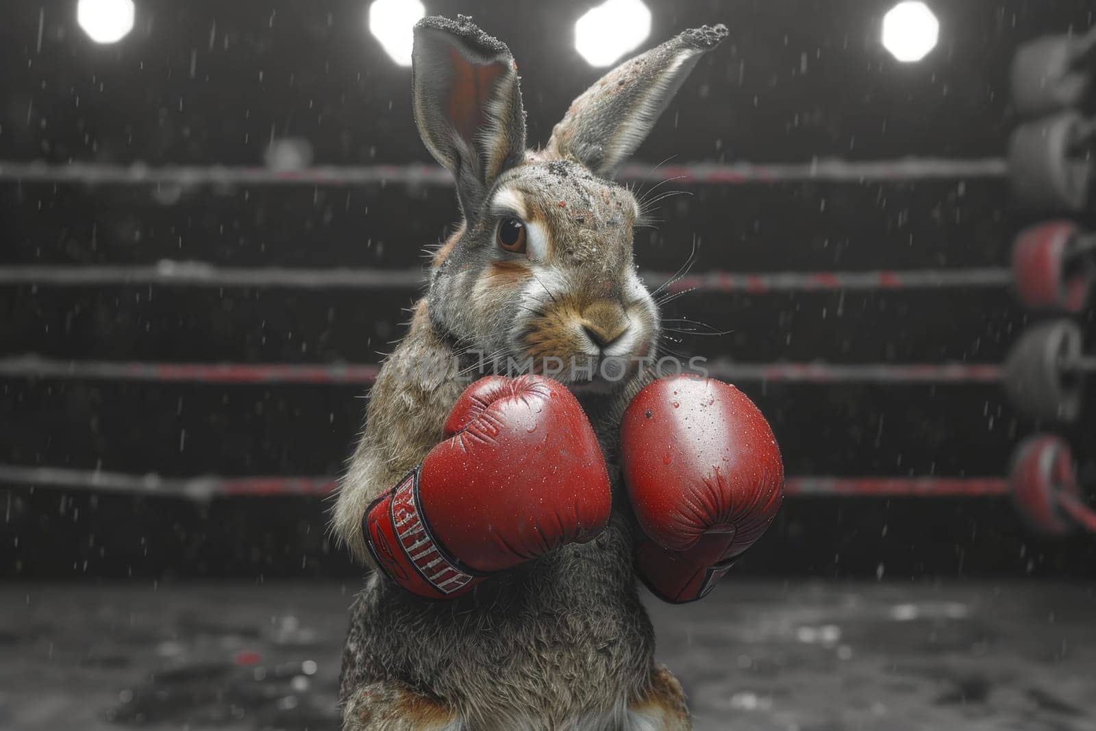 A cowardly rabbit in boxing gloves on the background of the ring. 3d illustration by Lobachad