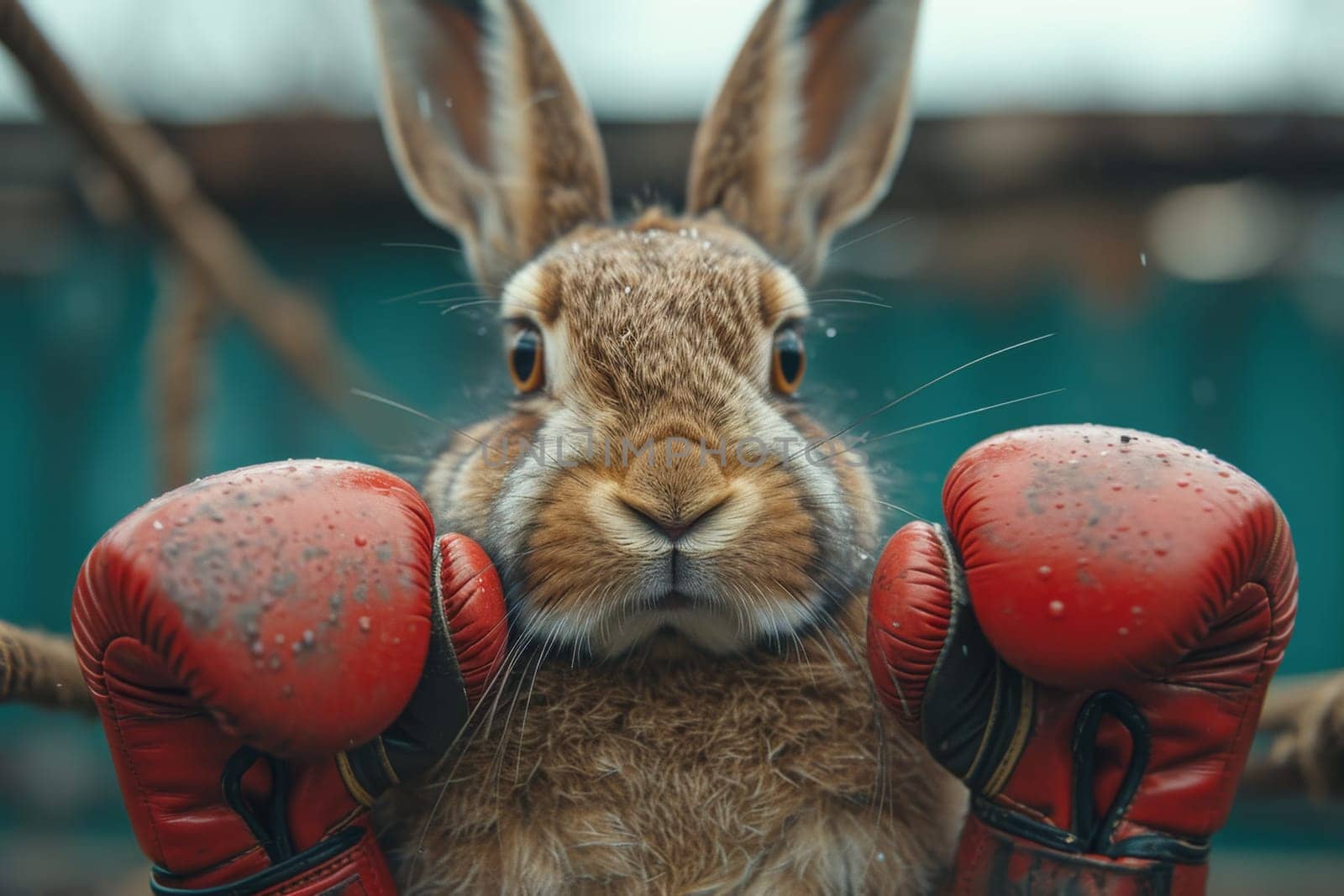 A cowardly rabbit in boxing gloves on the background of the ring. 3d illustration.