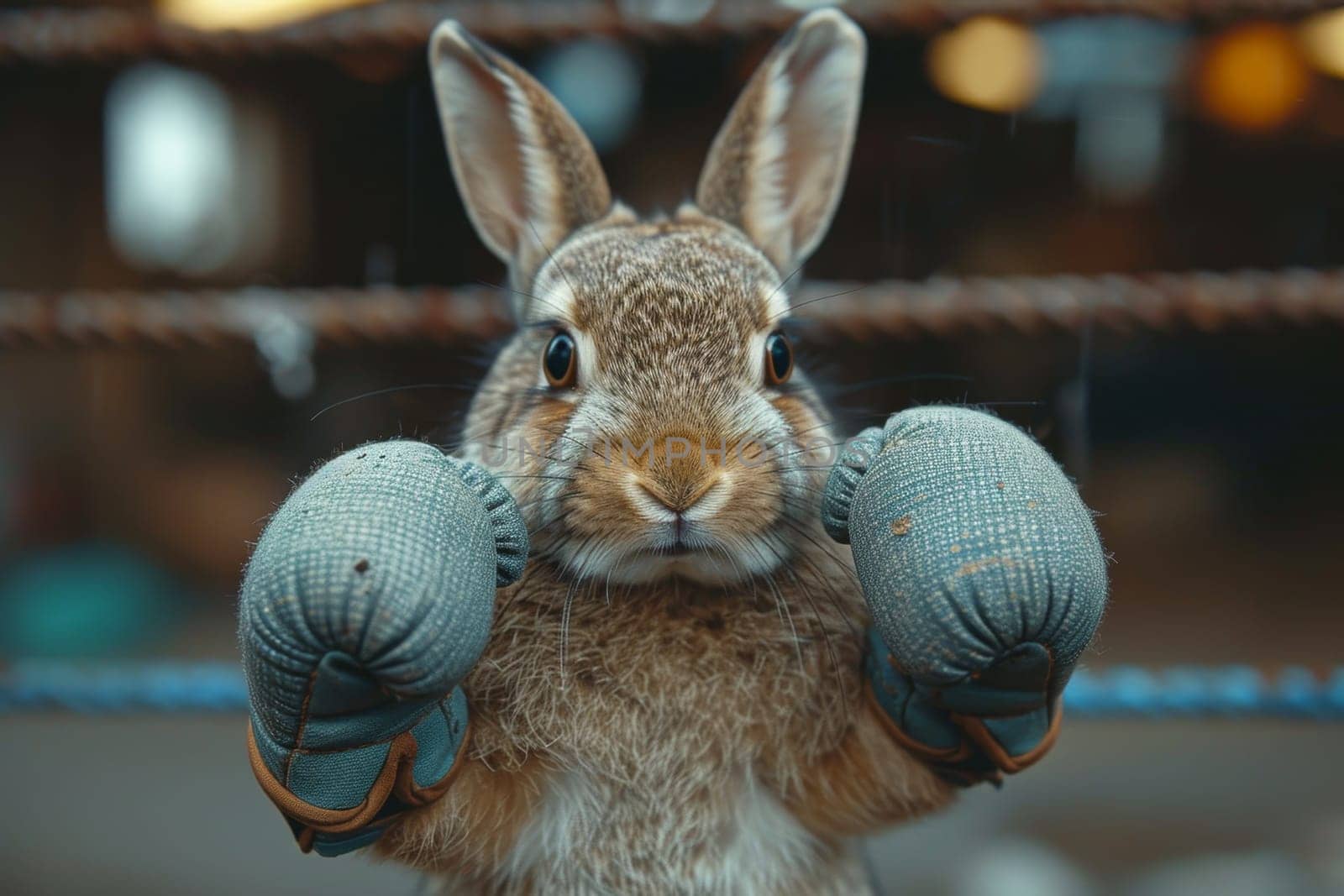 A cowardly rabbit in boxing gloves on the background of the ring. 3d illustration.