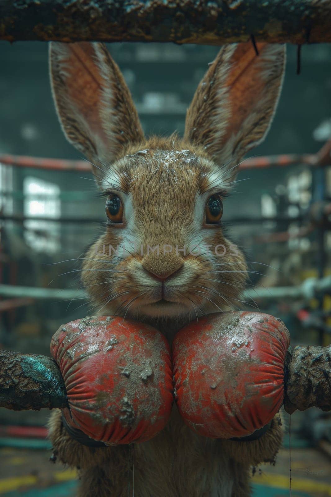 A cowardly rabbit in boxing gloves on the background of the ring. 3d illustration by Lobachad