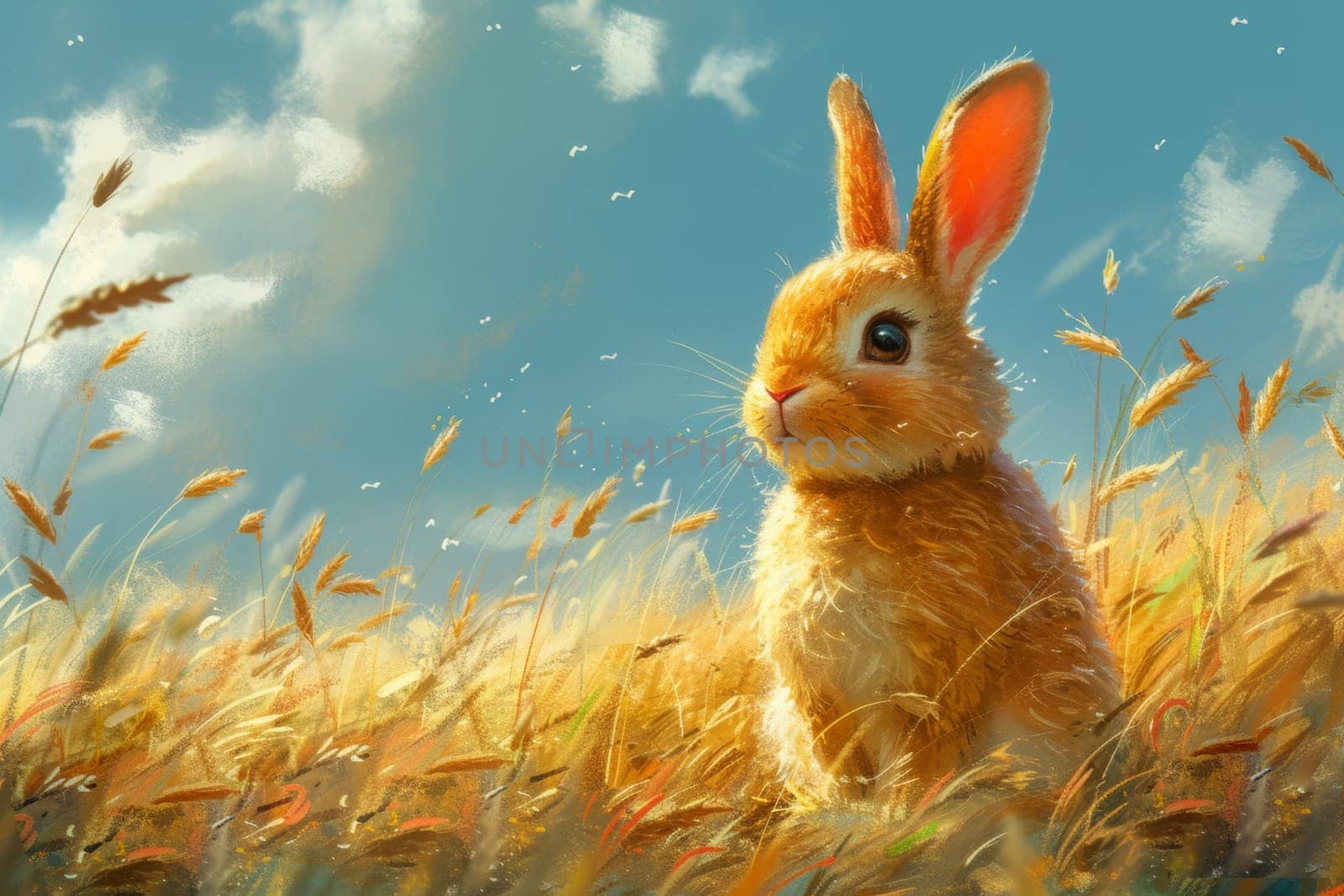 A wild hare in a field with wheat during the day.