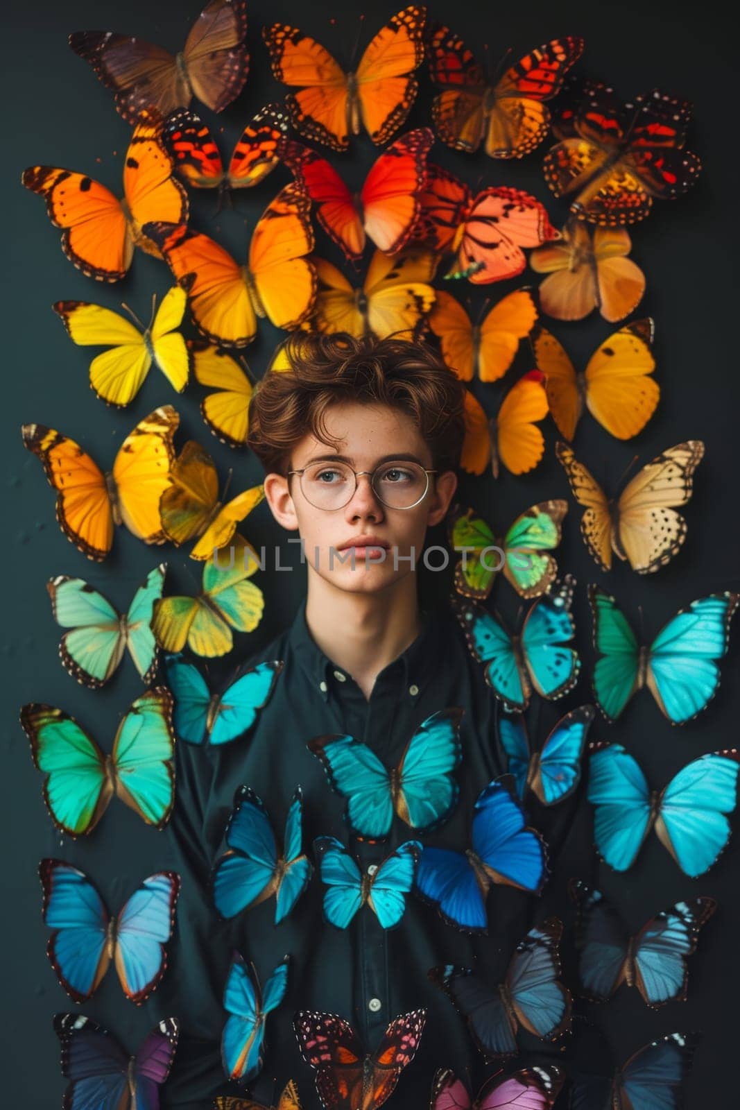 A boy on a background of colorful butterflies. textured background. 3d illustration.