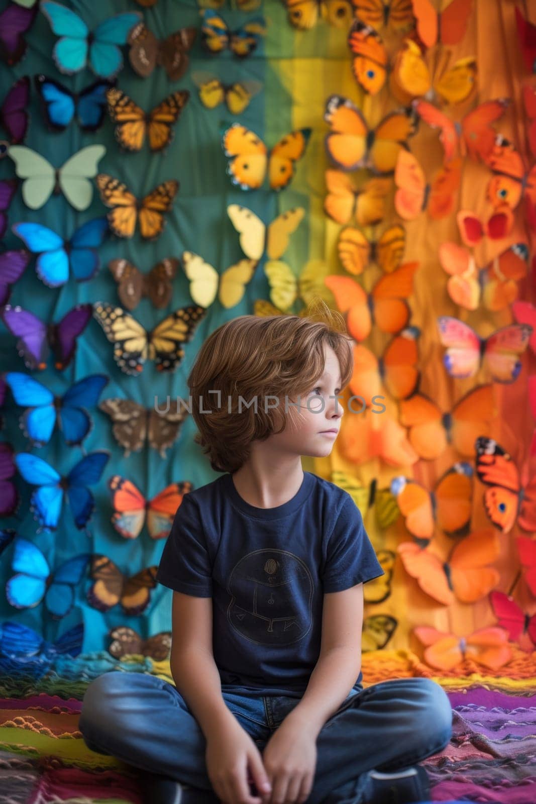 A boy on a background of colorful butterflies. textured background. 3d illustration by Lobachad