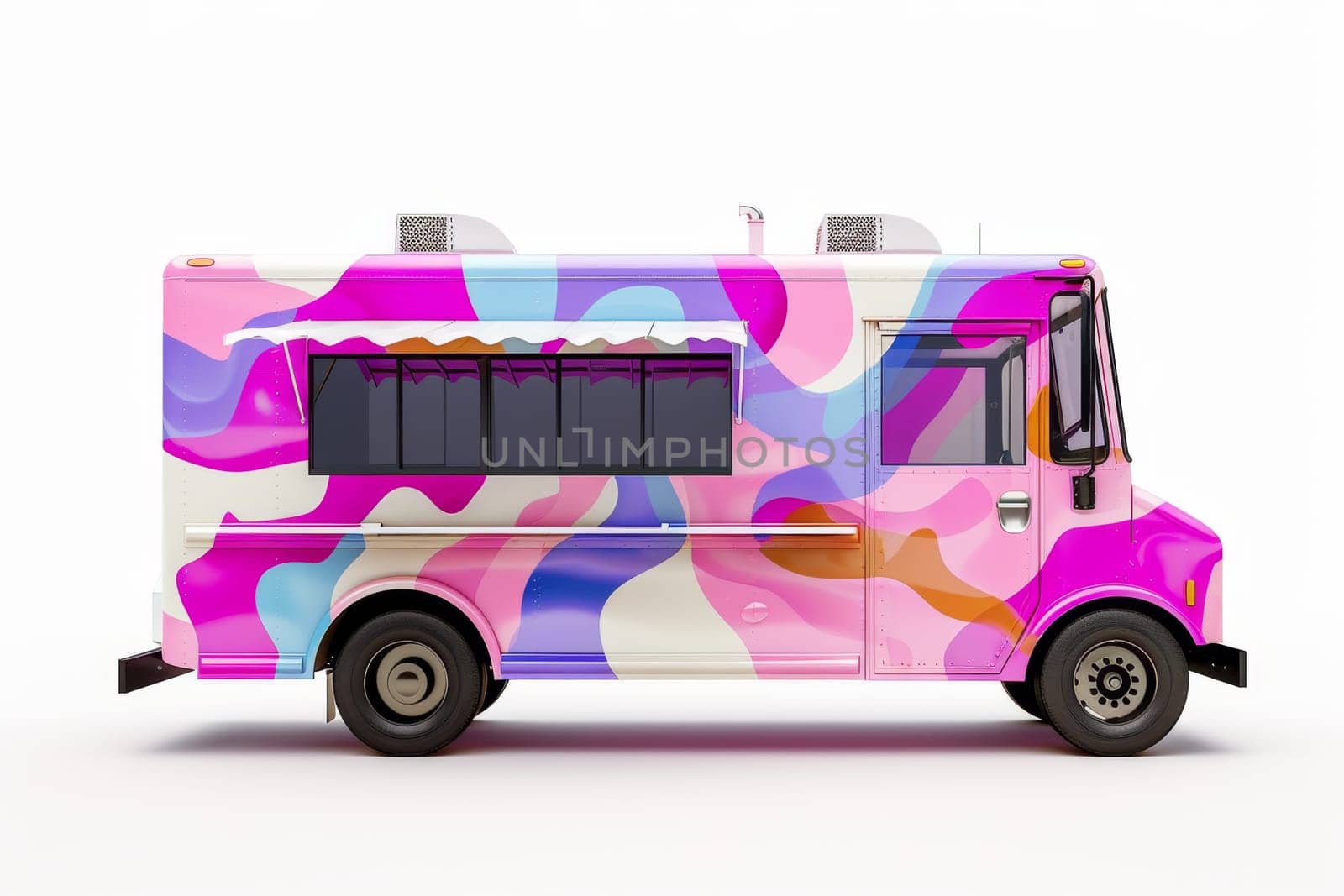 A modern pink van on a white background. 3D illustration by Lobachad