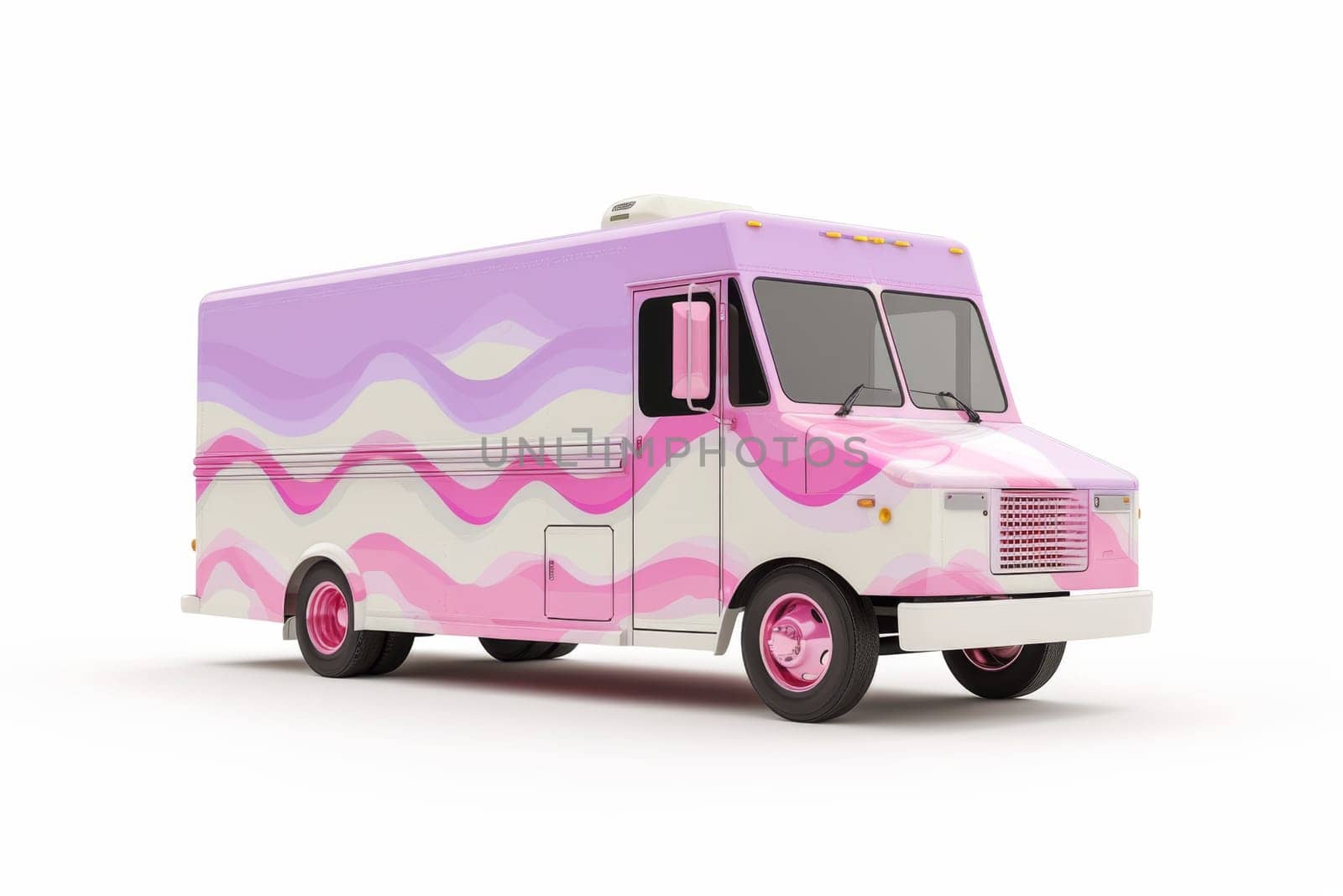 A modern pink van on a white background. 3D illustration.