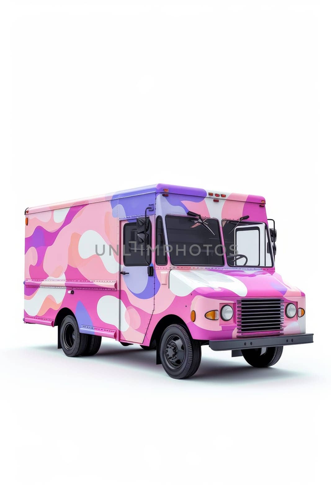 A modern pink van on a white background. 3D illustration by Lobachad