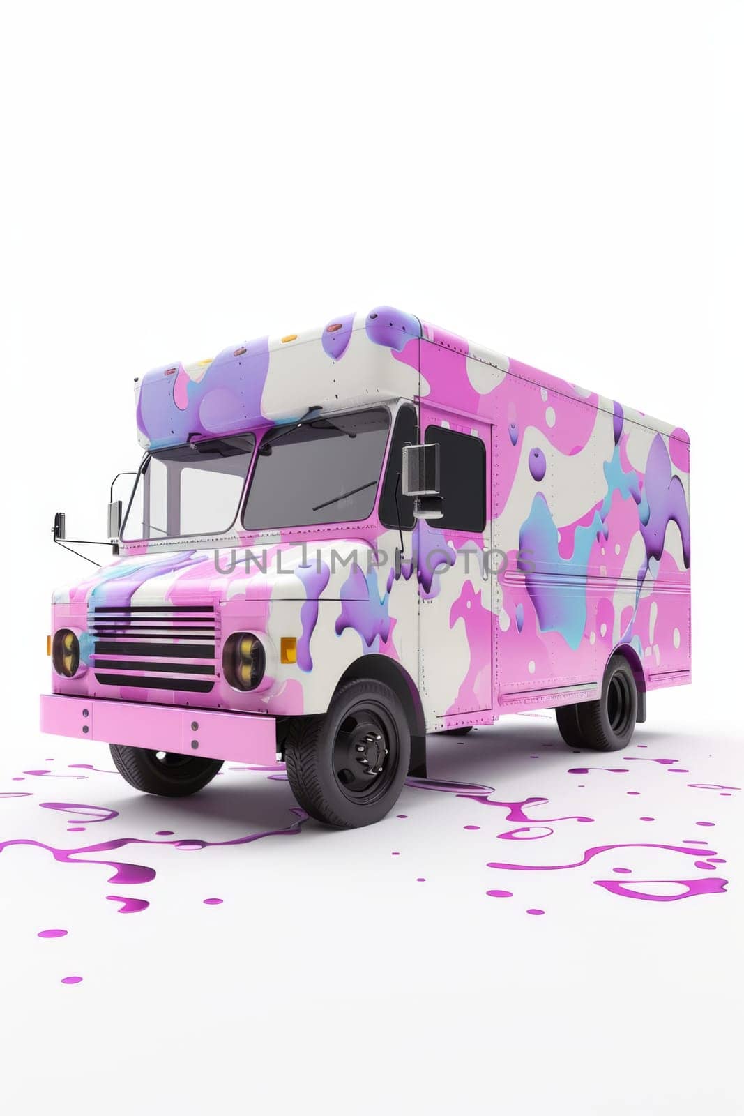 A modern pink van on a white background. 3D illustration.