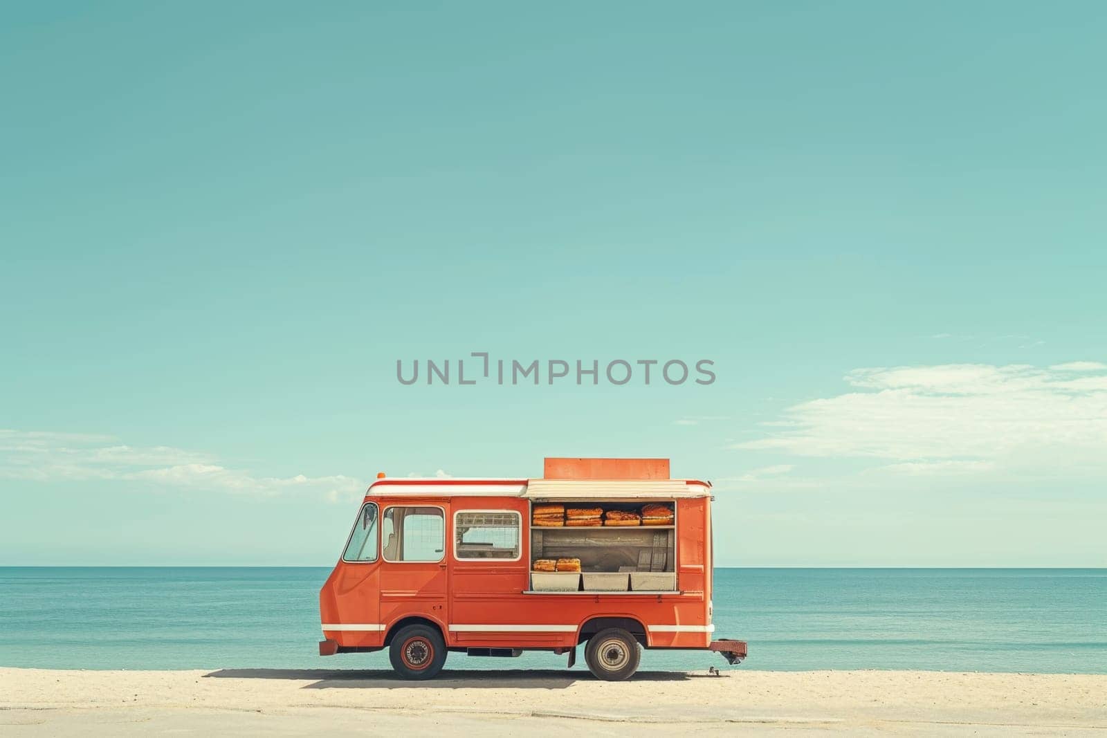 A retro orange camper van stands on the beach at the campsite. 3D illustration by Lobachad