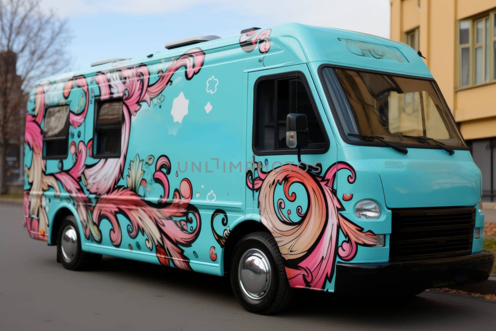 A modern multicolored food truck on the street.