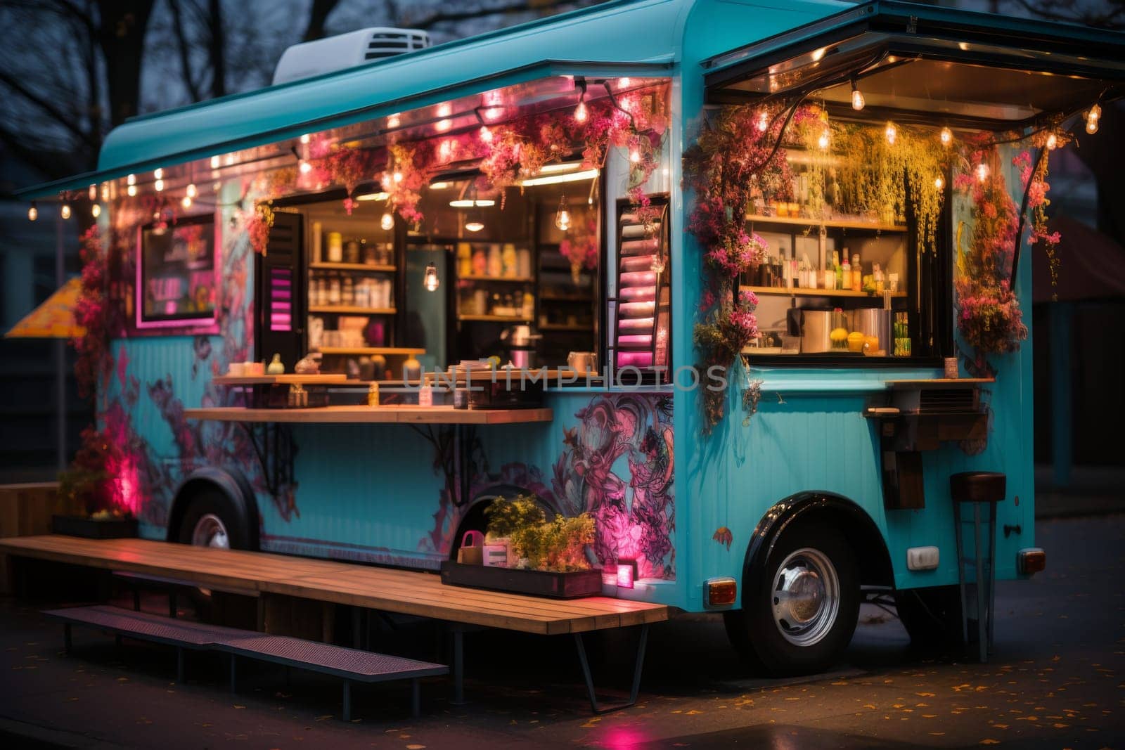 A van with street food. A food truck.