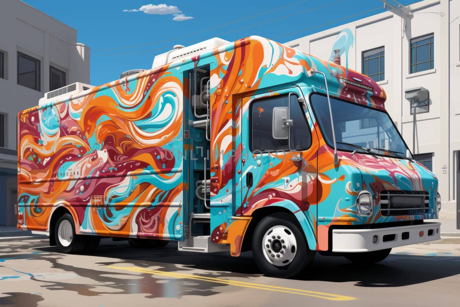 A modern multicolored food truck on the street.
