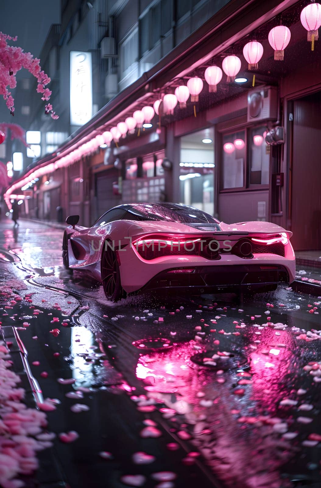 A sleek white sports car with automotive lighting is cruising down a wet street at night, showcasing its stunning automotive design and exterior as it passes by buildings