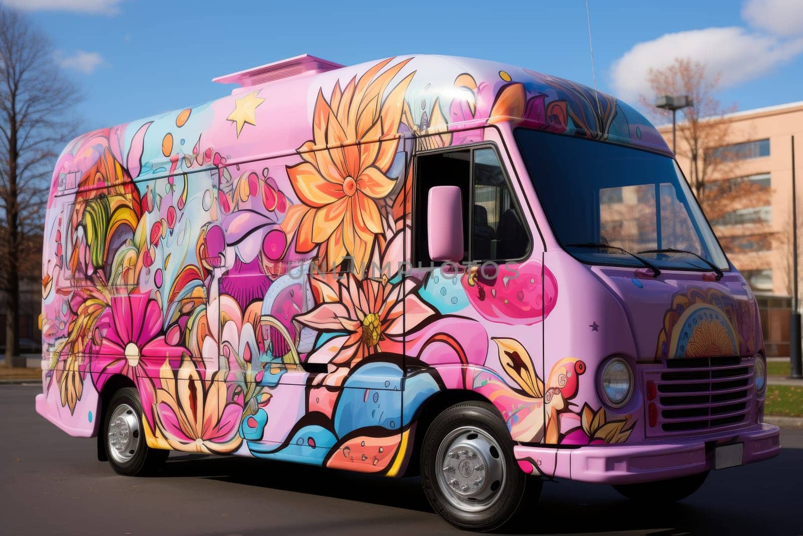 A modern multicolored food truck on the street.