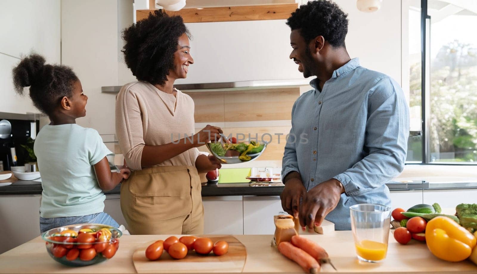 Happy family with father, mother and daughter in the kitchen, happy mom, dad and child with attachment and relationship, lifestyle and nutrition concept. High quality image