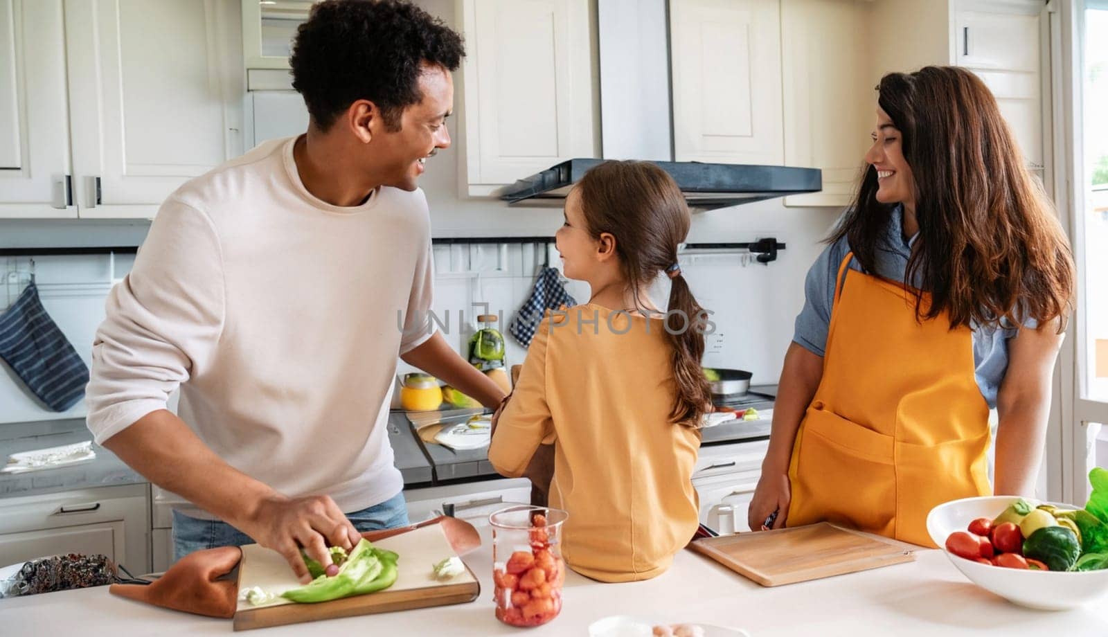 Happy family with father, mother and daughter in the kitchen, happy mom, dad and child with attachment and relationship, lifestyle and nutrition concept. by Costin