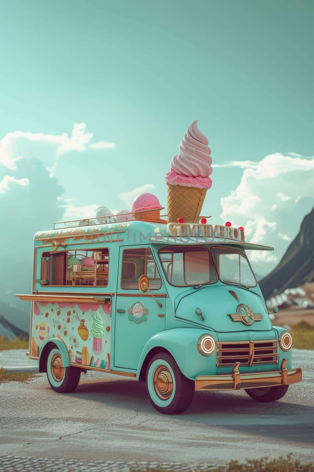 A cheerful colored ice cream van. 3d illustration.