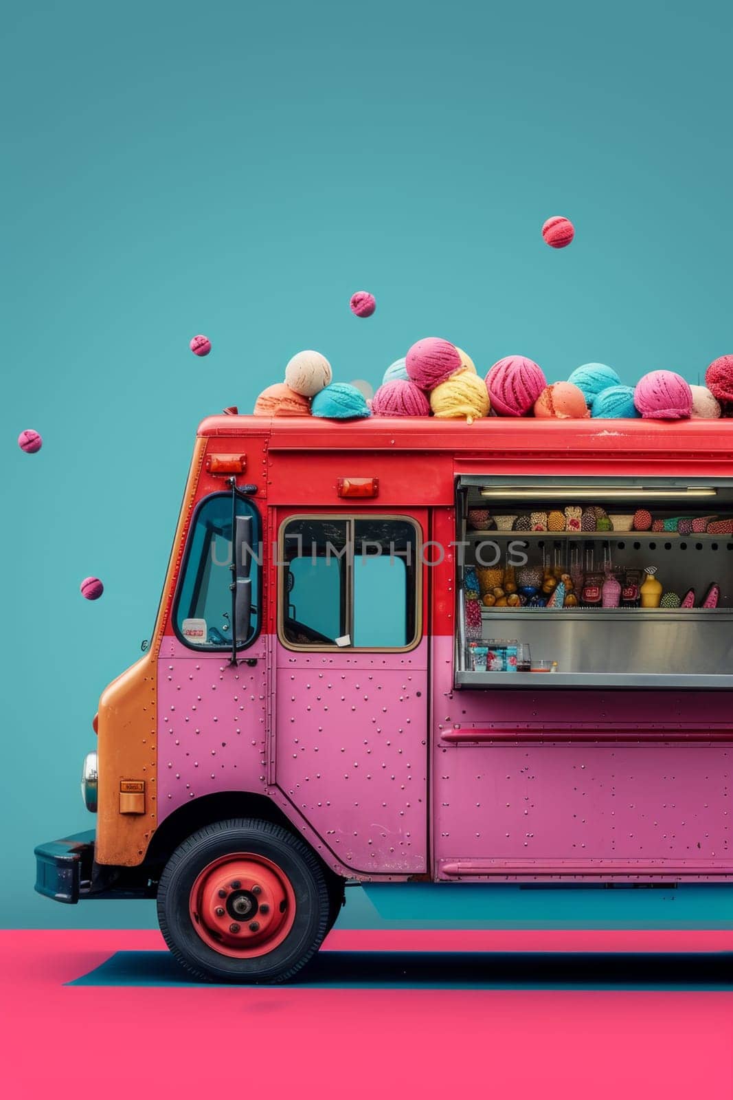 A cheerful colored ice cream van. 3d illustration.