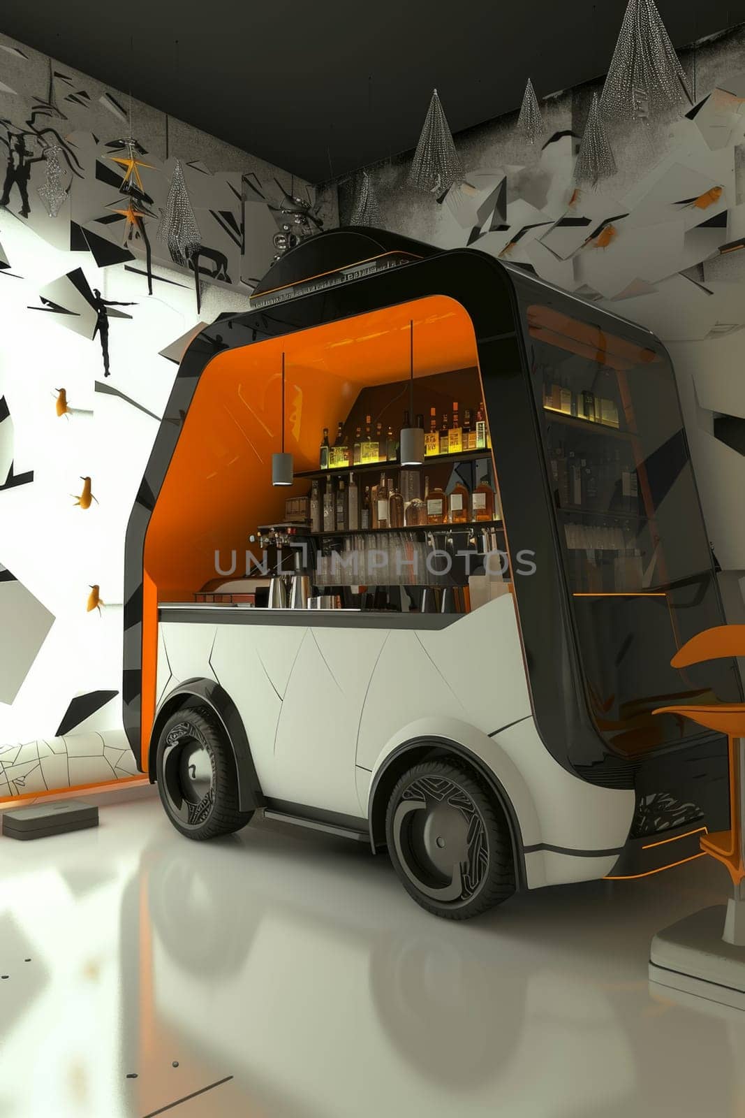 A car with food in a futuristic design. The concept of the future. 3D illustration by Lobachad