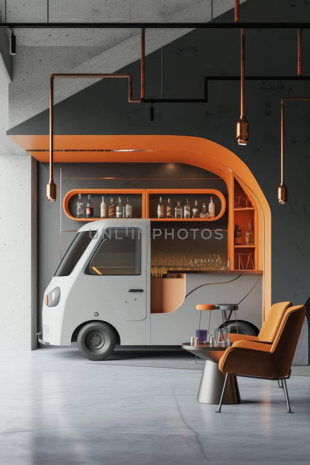 A car with food in a futuristic design. The concept of the future. 3D illustration.