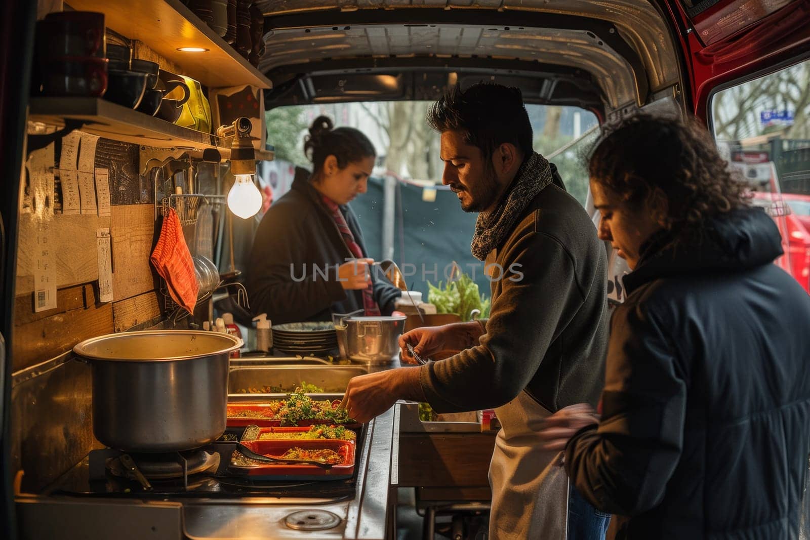 People cook food in a mobile van parked on the street.