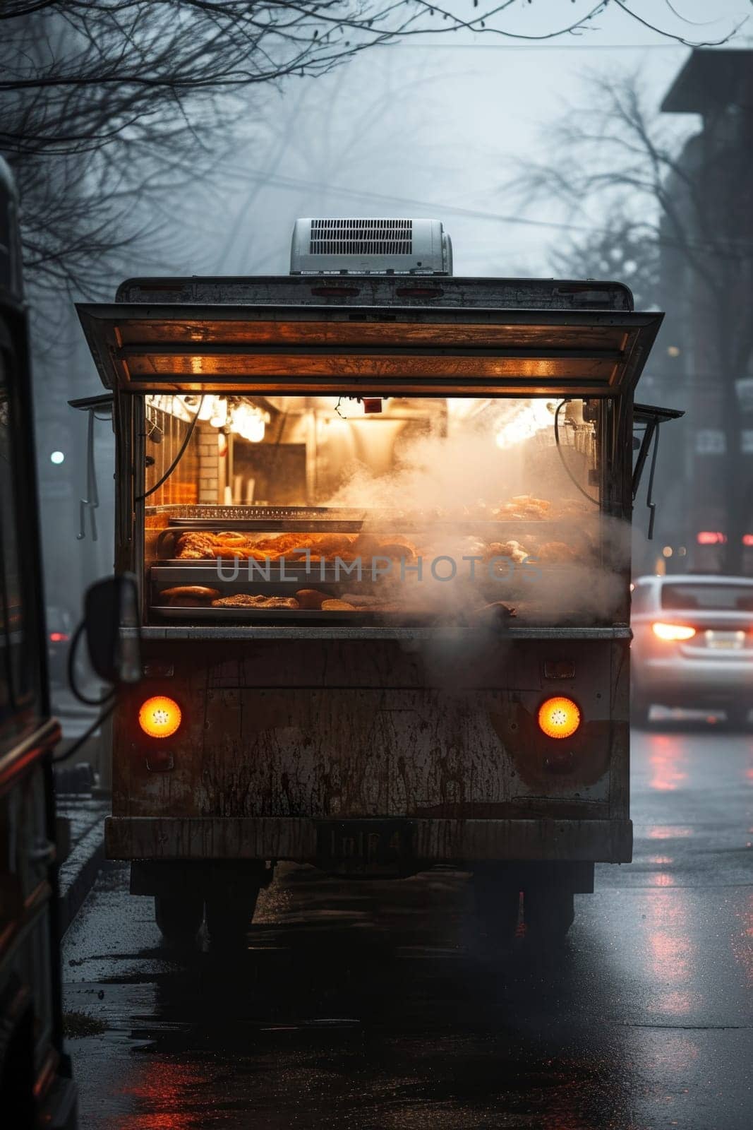 A van with street food. A food truck.