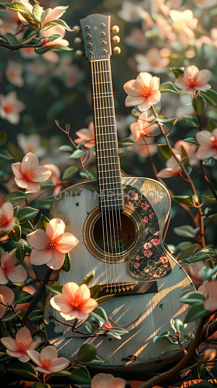 String instrument, Guitar accessory surrounded by Botany, Flowers in a garden by Nadtochiy