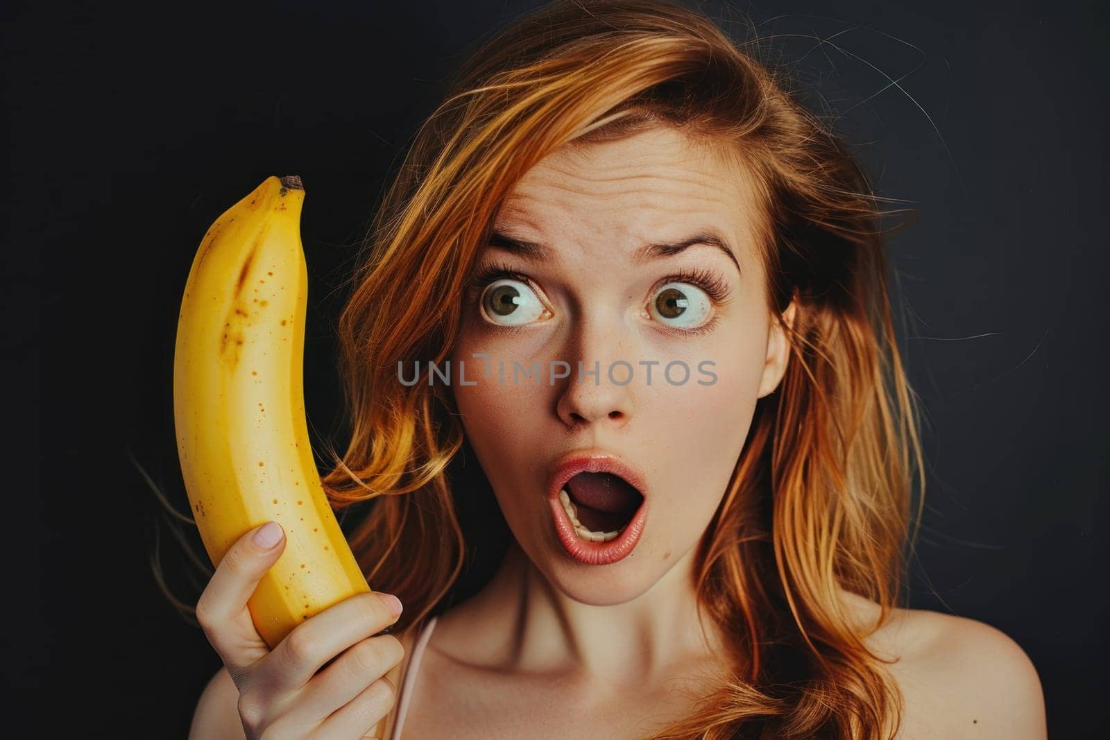 Picture of a woman with an expressive face expressing surprise or shock, women hand hold banana..
