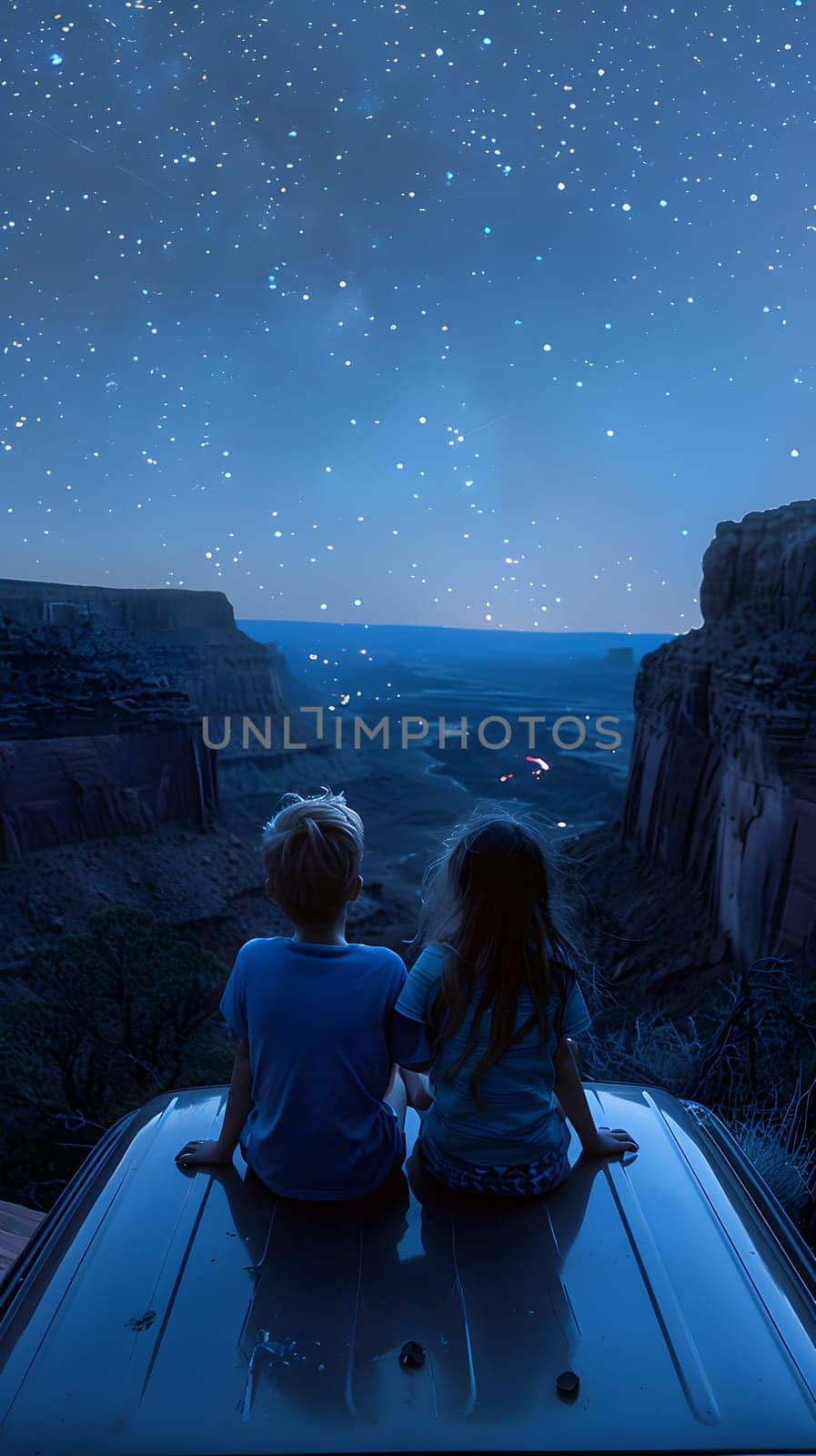 A boy and a girl are sitting on the hood of a car, gazing at the electric blue sky dotted with stars. The landscape around them is peaceful, making their travel experience fun and memorable