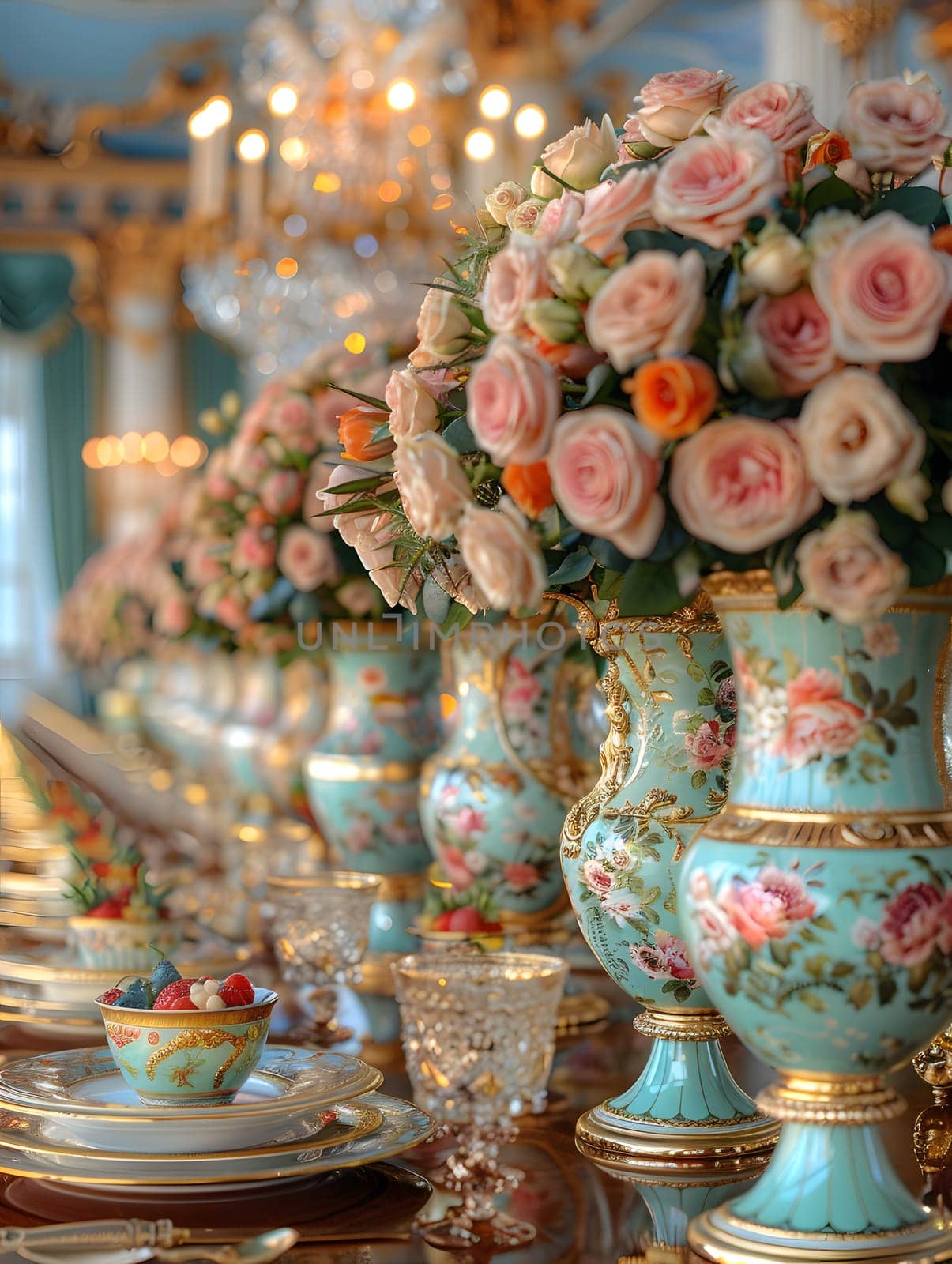 A line of vases brimming with flowers displayed on the table by Nadtochiy