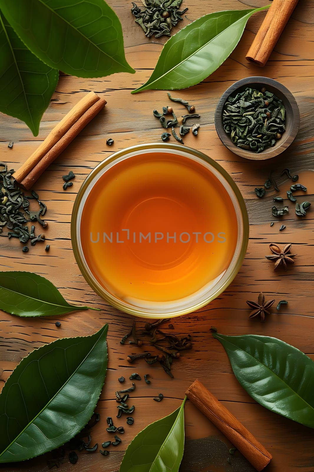 Green tea leaves and cinnamon sticks surround a cup of tea on a wooden table by Nadtochiy