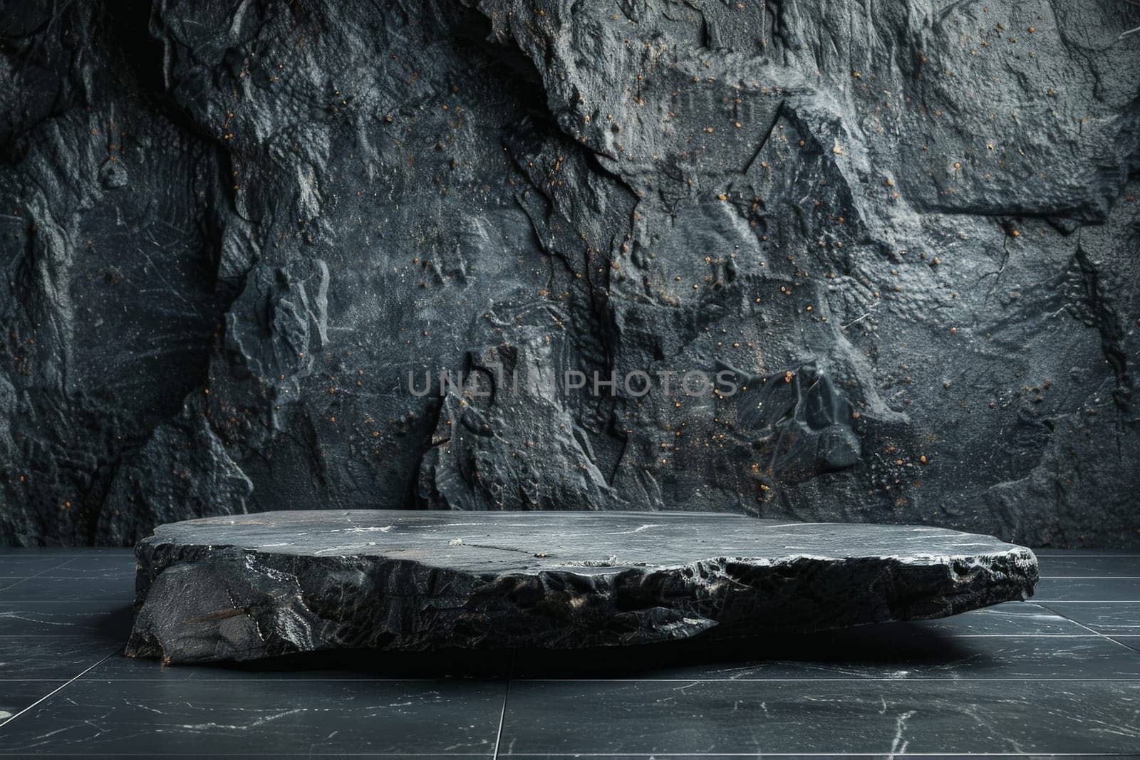 Stone and Rock podium, pedestal for brand product exhibition. Solid dark black color. Mockup template for ads design, copy space, generative a.