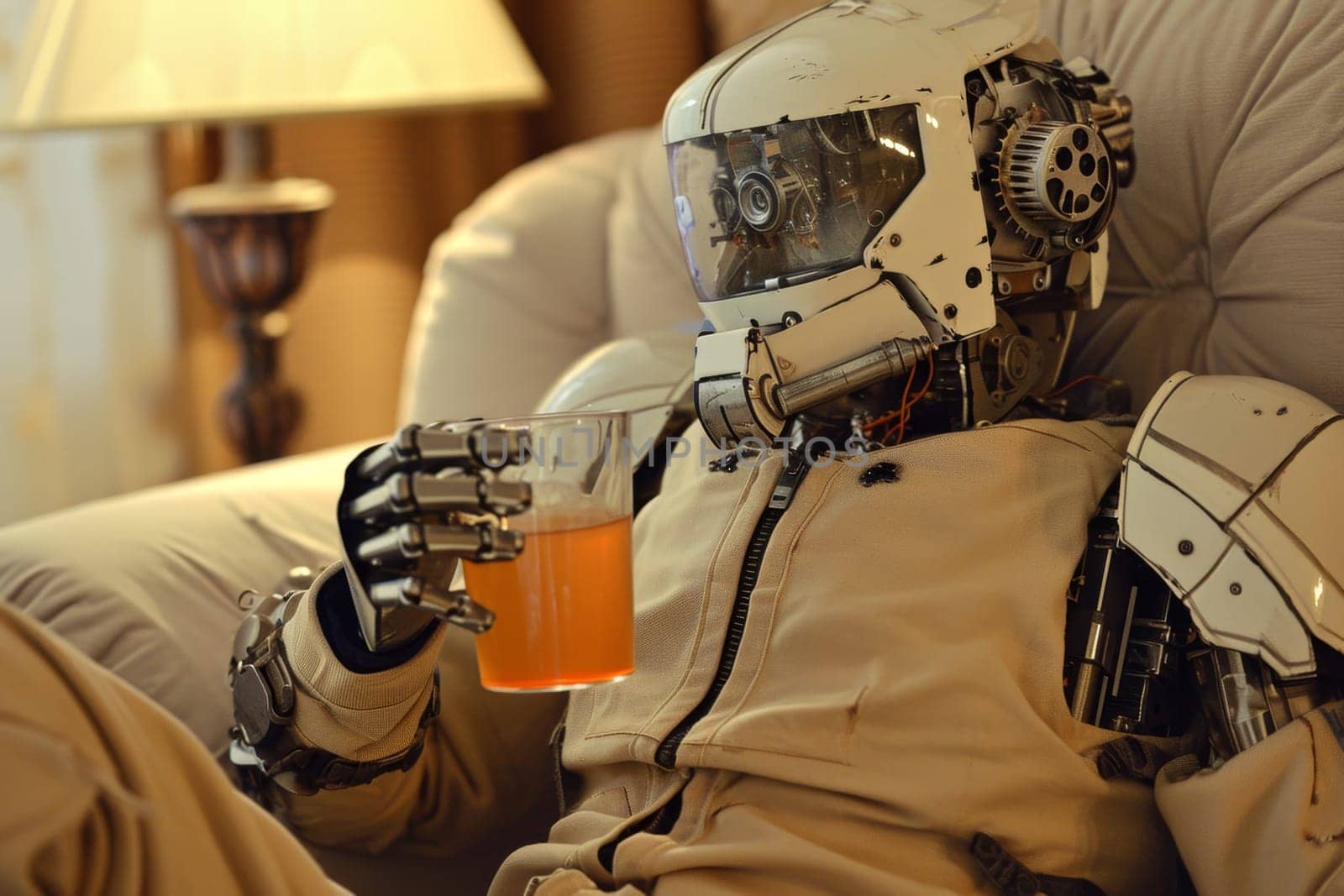 A robot with a glass of juice in his hand in the interior by Lobachad