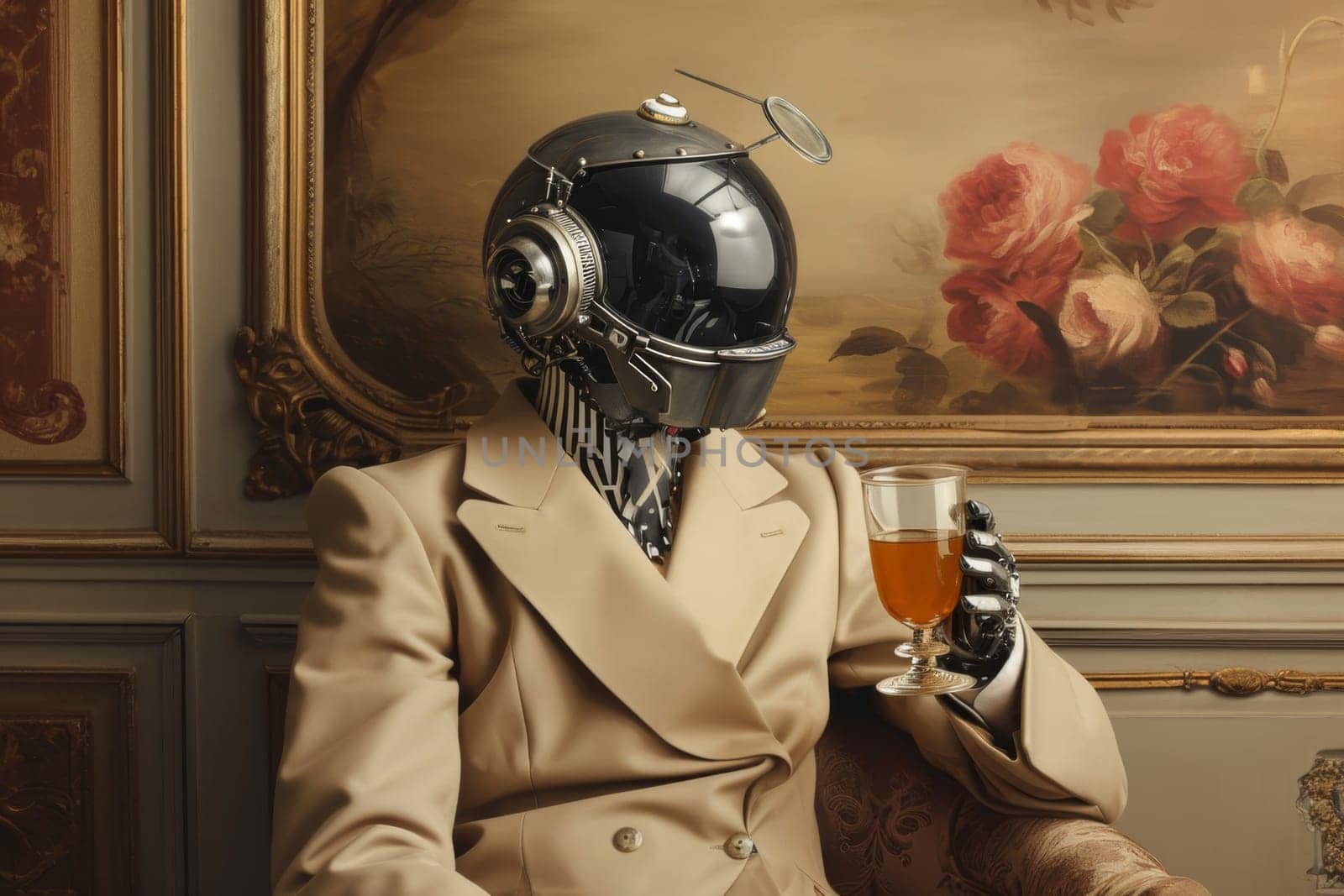 A robot with a glass of juice in his hand in the interior by Lobachad